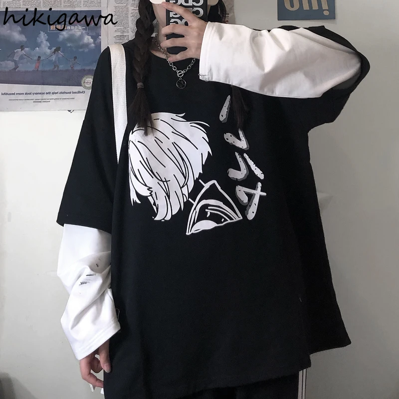 

Футболка Hikigawa женская из двух частей с длинным рукавом, тонкая Повседневная рубашка с круглым вырезом, базовый топ с мультяшным принтом в Ко...