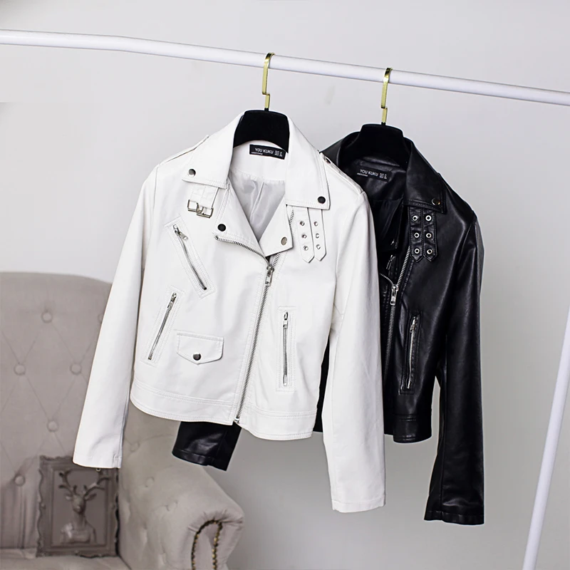 

European 2019 Autumn Jacket Women Long Sleeve PU Leather Jacket Outerwear Black/White Motorcycle Biker Jacket Short Coat Female