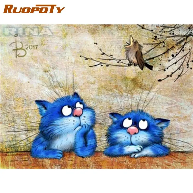 

RUOPOTY Two Blue Cats Animal Painting By Numbers Kits For Kids HandPainted Diy Gift 60x75cm Framed Oil Paint Home Decor Photo