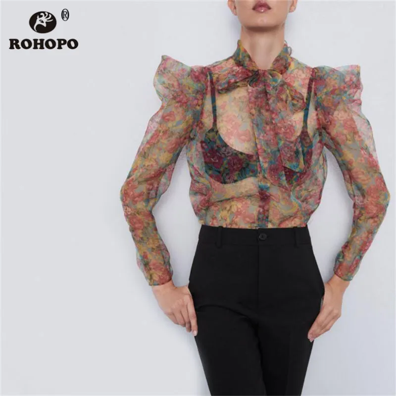 ROHOPO Осенняя женская блузка из органзы с цветочным рисунком и пышными длинными