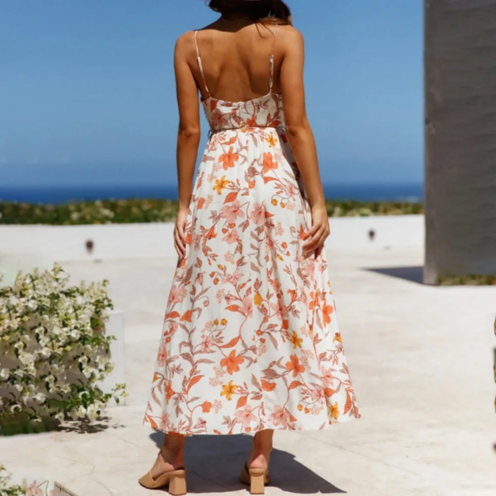 

2021 Fashion Printing Bohemian Summer Ladies Dress Sexy Sandy Beach Casual Simple Thin Floral V-neck High Waist