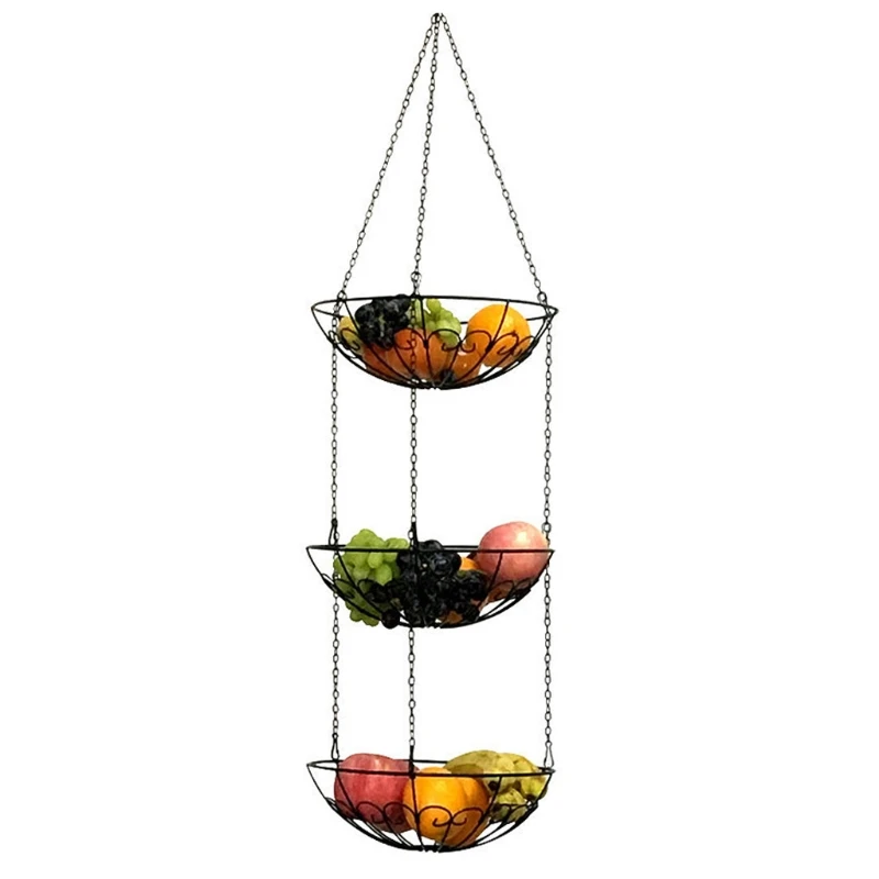

3-Tier Hanging Fruit Basket Heavy Duty Wire Vegetable Storage Bowl Kitchen Decor