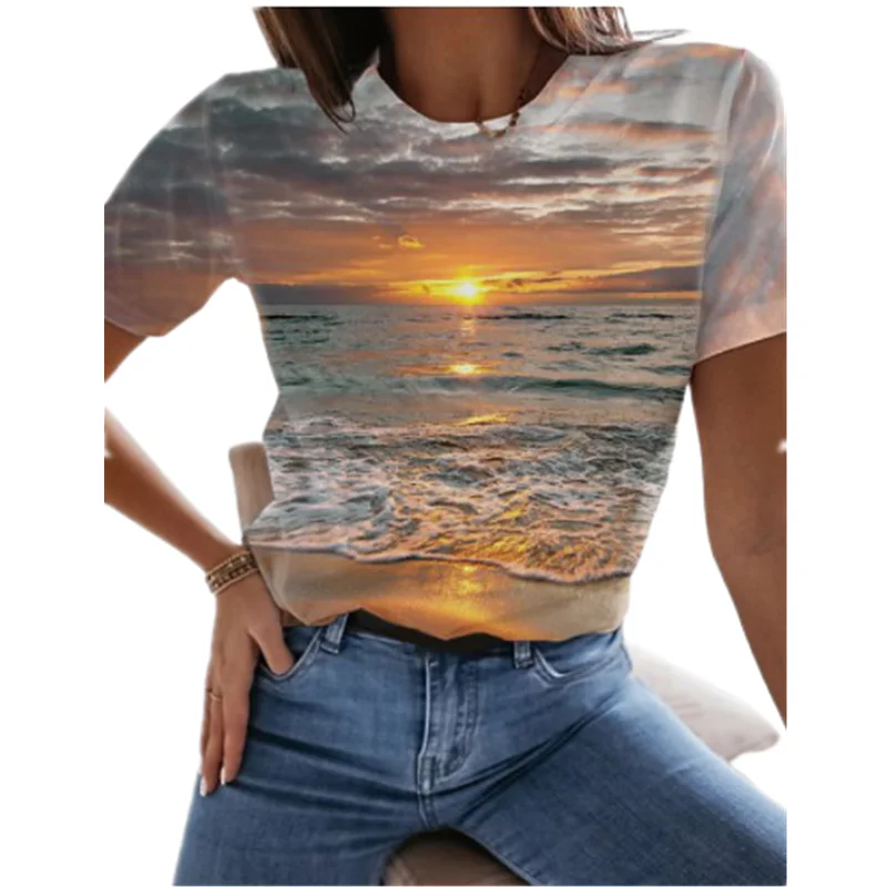 

2021 New Summer Tops 6XL Women's 3D Ocean Scenery Streetwear Casual Short Long Sleeve O-Neck Large Size Top T-shirt
