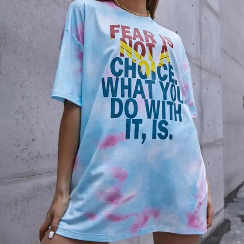 

Tie Dye Letter Print Oversized T Shirt for Women Clothing Short Sleeve Casual Harajuku Japanese Fashion Woman Tshirts Summer New