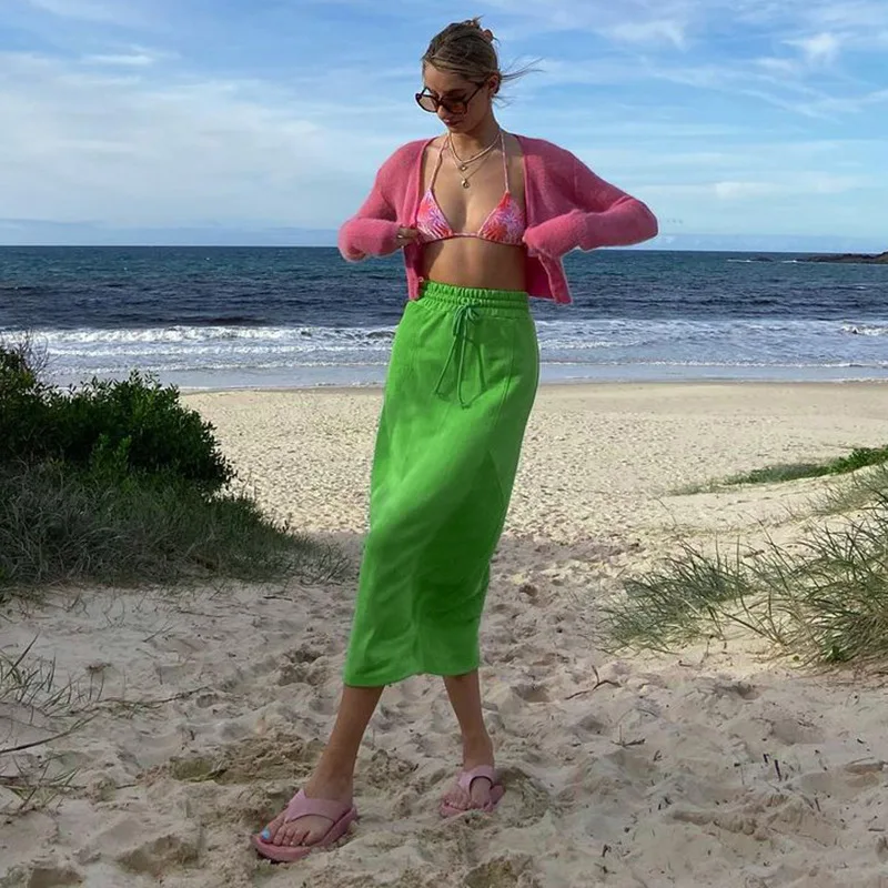

Women's Fall 2021 Vintage Y2K Green Elastic High Waist Straight Chic Solid Patchwork Drawstring Midi Skirt Female StreetWears