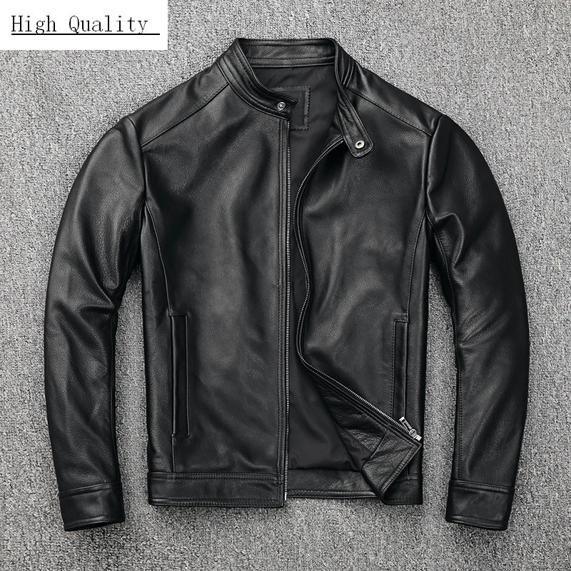 Мужская кожаная куртка с воротником-стойкой черная приталенная из натуральной
