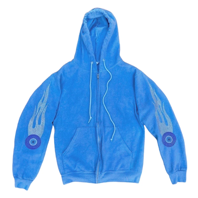 

Autumn Casual Jacket Coat Zip Up Long Sleeve Blue Hooded Korean Style Harajuku Print Women Sweatshirt Y2K Vintage Streetwear