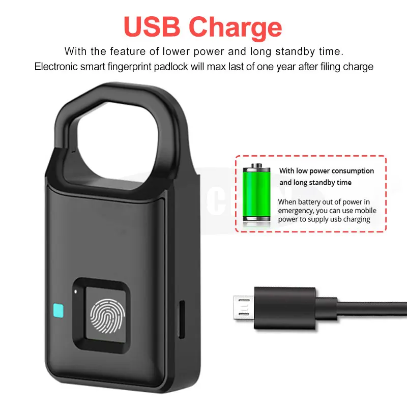 Умный БЕСКЛЮЧЕВОЙ Противоугонный навесной замок USB перезаряжаемый с отпечатком