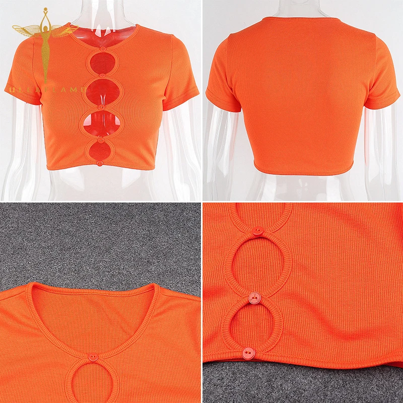 

O-Neck Short Sleeve T-Shirts Womens Summer Orange Skinny Hollow Button Patchwork Crop Tops Femme Streetwear Solid Color Tees Top
