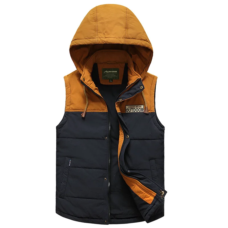 

New Autumn Winter Vest Men Patchwork Color Hooded Collar Windbreaker Waistcoat Men M-3XL Sleeveless Jacket Men Gilet Homme