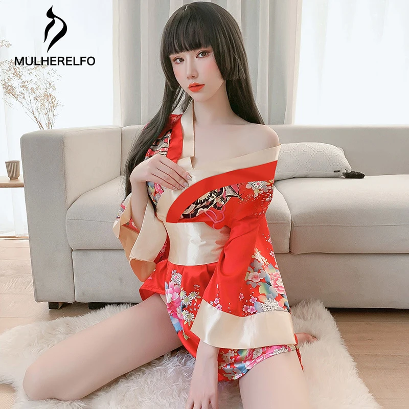 

Floral Print Pattern Kimono Uniform Women Porno Sleeping Top Sexy Deep V Flared Sleeve Loose Nightdress Bow Belt Thong 3PCS Set