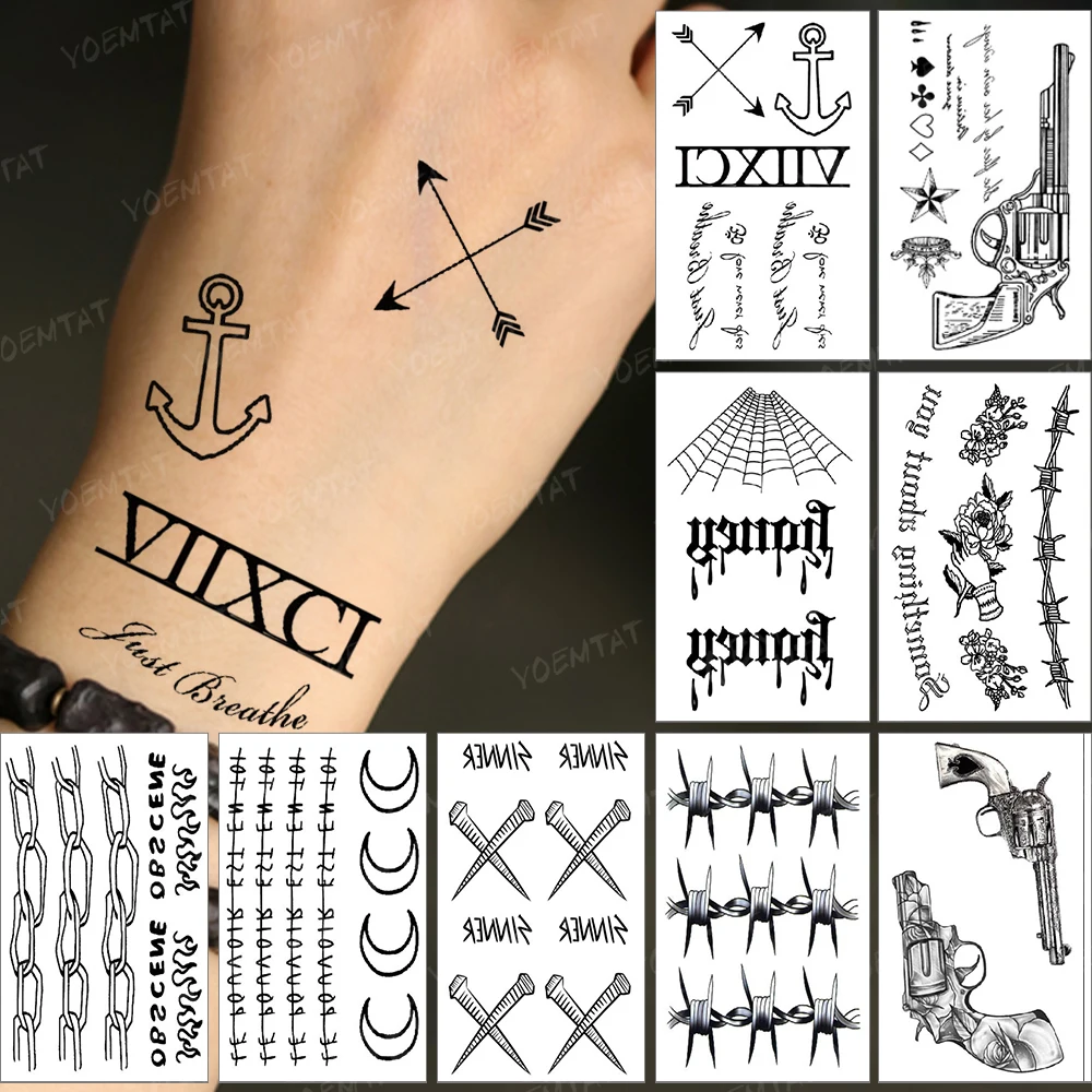 

Waterproof Temporary Tattoo Sticker Linear Text Black Tatto Simple Arm Hand Finger Tatoo Woman Man Child Fake Flash Tattoos