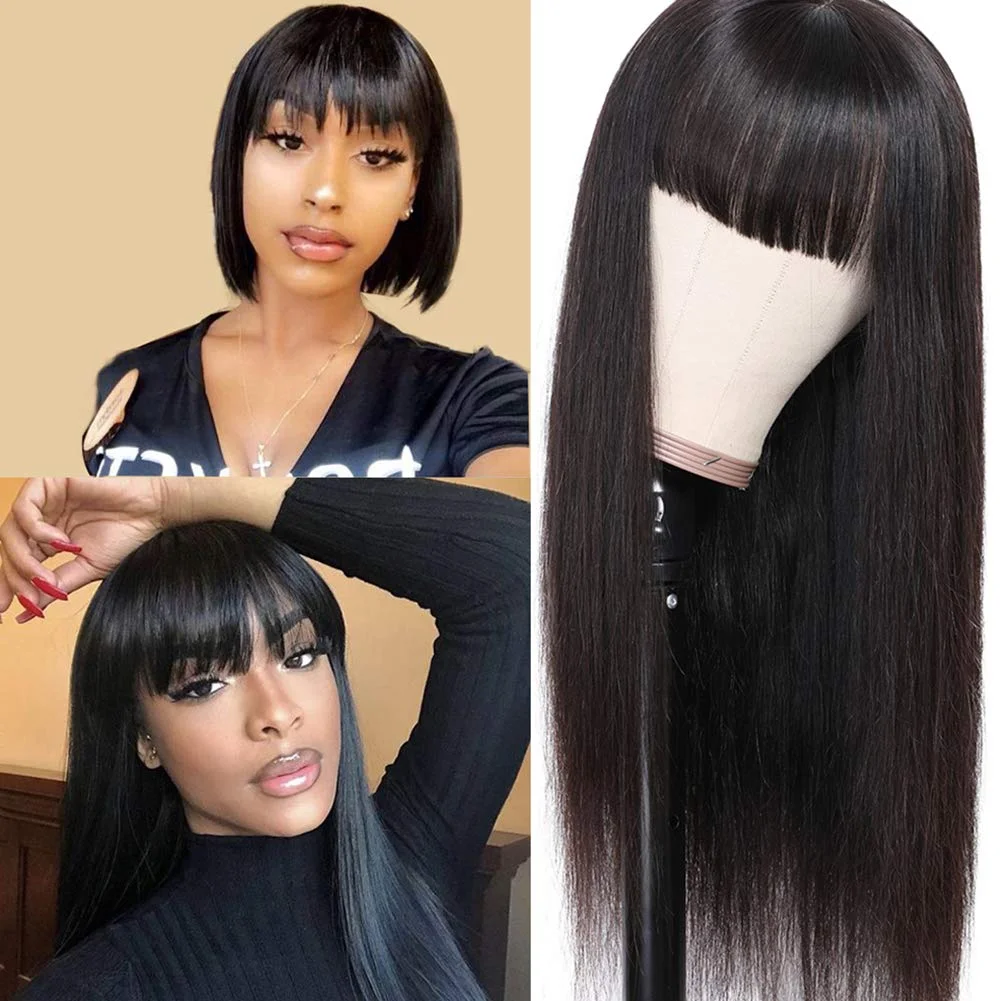 

Long Straight Wigs With Bangs Full Machine Made Wigs 1B Color Synthetic Hair 20 22 24 26 28 30 inch Neat Bangs Wig For Women