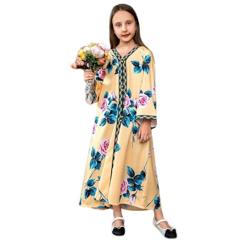 Средний Восток 2021 весна осень мусульманское длинное платье для девочек этнический цветочный принт Макси халат Abayas исламский цзилбаб арабс...