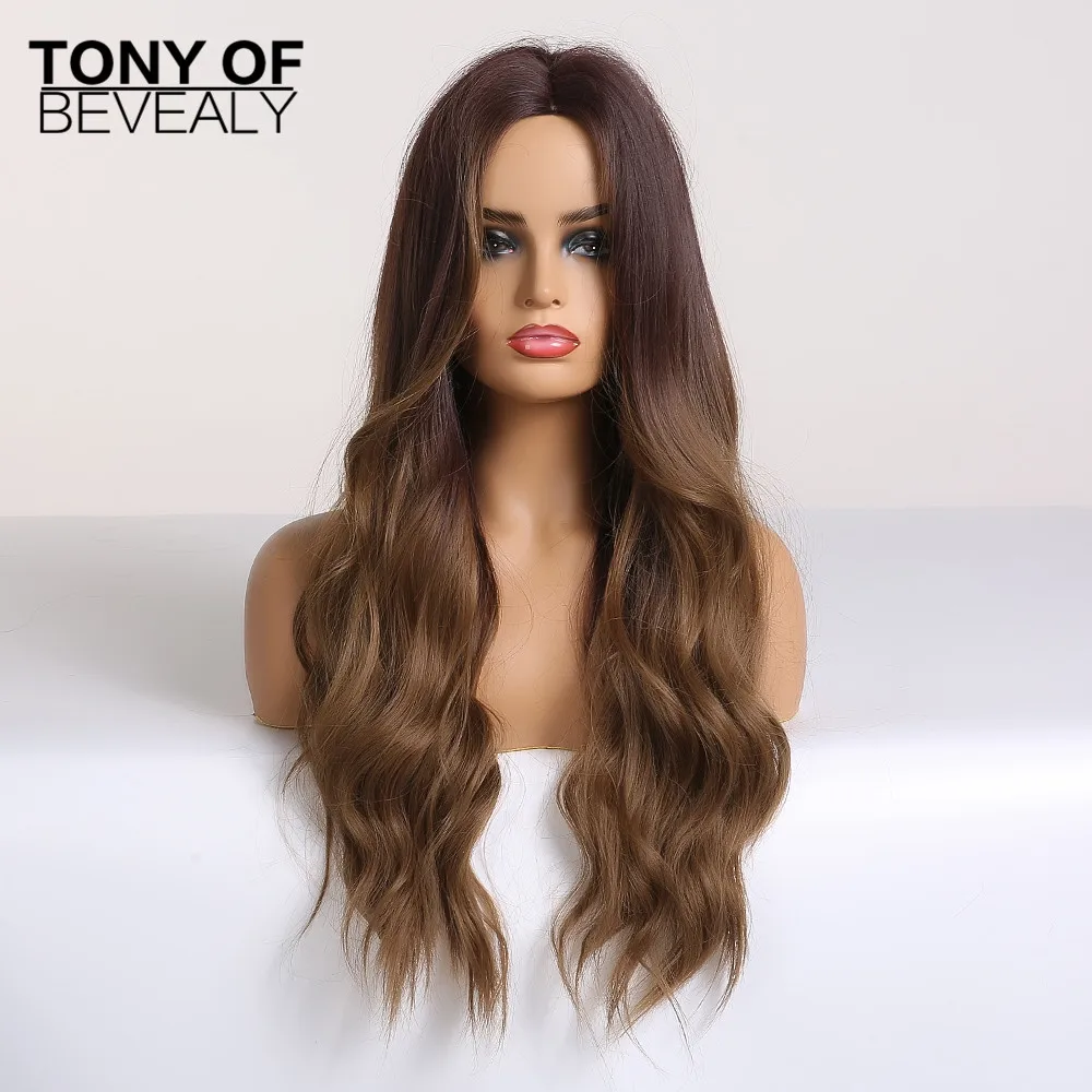 

Long Water Wave Synthetic Hair Wigs Ombre Brown Middle Part Natural Wigs for Women Wavy Cosplay Heat Resistant Fiber Wigs