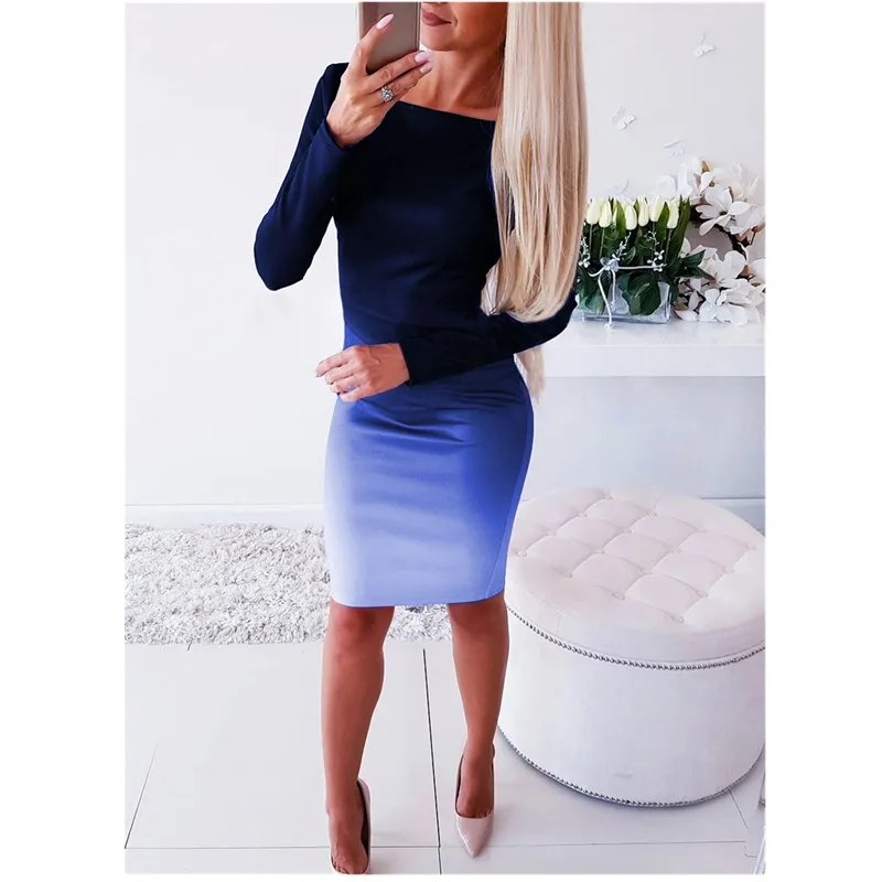 Women Elegant office Dress Fashion New Long Sleeve female Bodycon Dresses Lady Long Tunic Gradient Dresses OL Clothes S-3XL - Цвет: blue