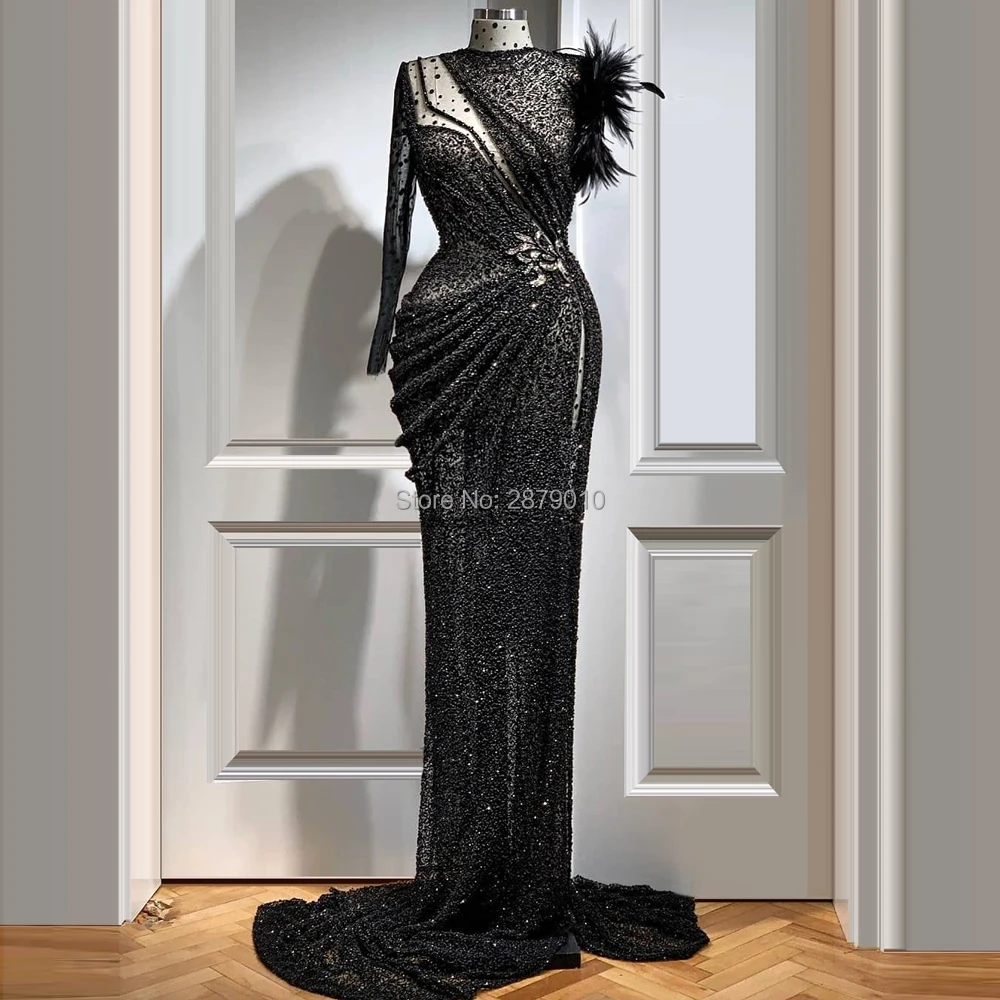

Islamic Black Round Neck Evening Dress Mermaid Floor-Length Beaded Feather Slit Robe De Soiree Aibye Prom Dress вечернее платье