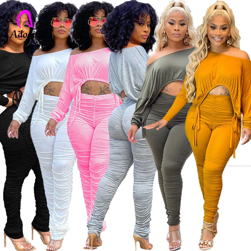 

Fitness Women 2 Piece Set Solid Long Sleeve Crop Top High Waist Pleated Pants Matching Set Sweat Suits 2021 Autumn Jogger Set