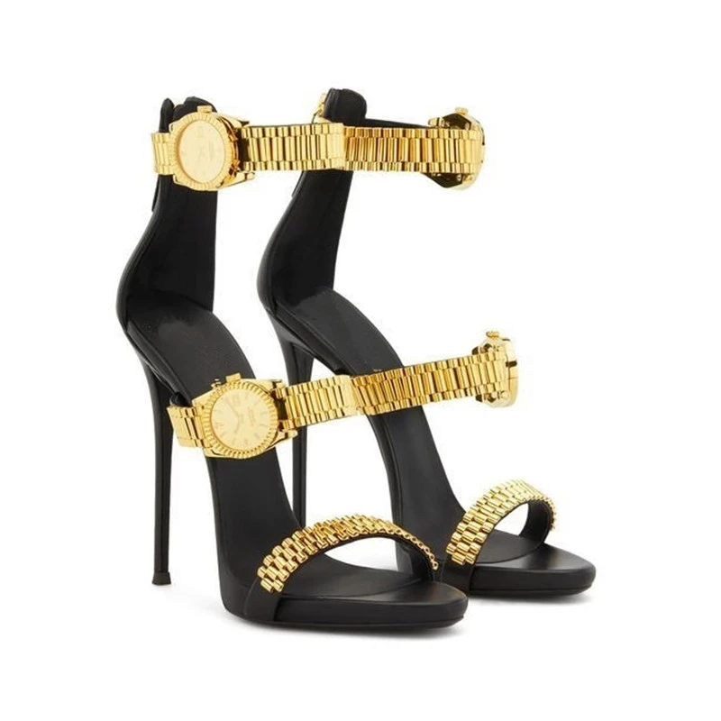 

Luxury Gold Watch Studded High Heel Sandals Metal Chain Decor Gladiator Sandals Women Designer High Heels Party Shoes Woman 2021