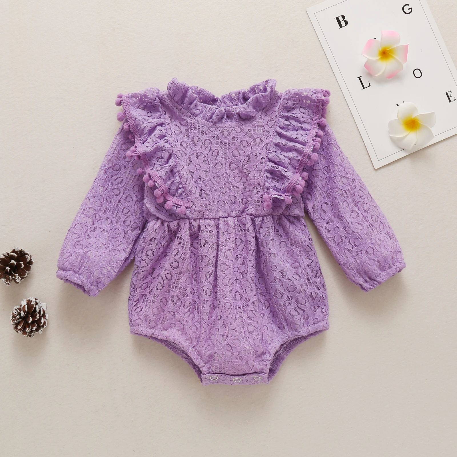 

New Baby Girls 0-12M Fashion Long Sleeve Lace Romper Stylish Solid Color Romper for Kids Infant Girls