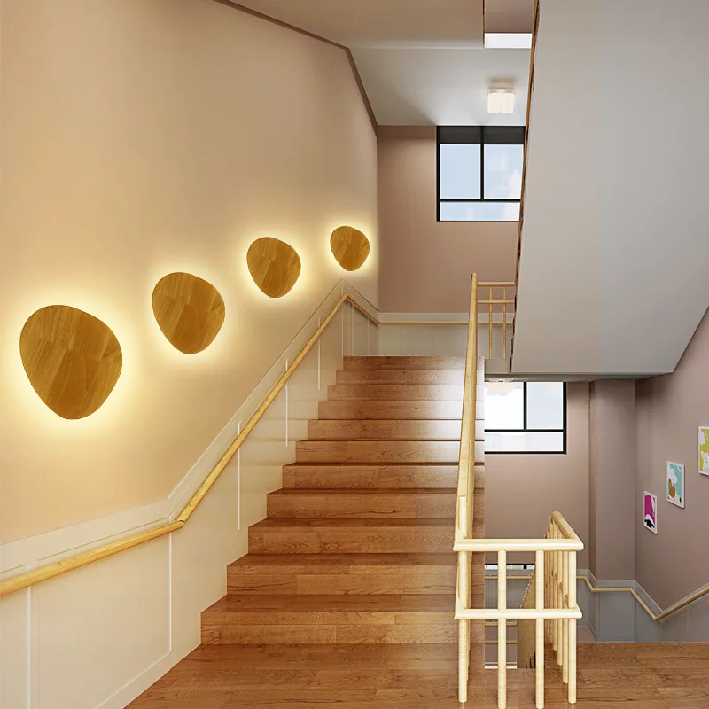 

Creative round LED wall lamp solid wood wrought iron Nordic interior bedroom living room aisle wall lamp home lighting