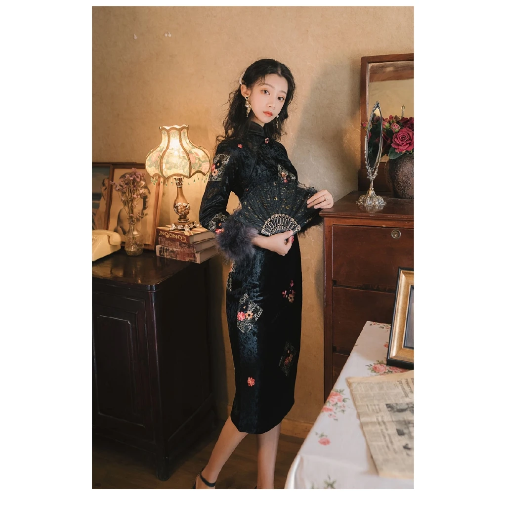 

Chinese Traditional Dress Cheongsam Dress Long Sleeve Dress