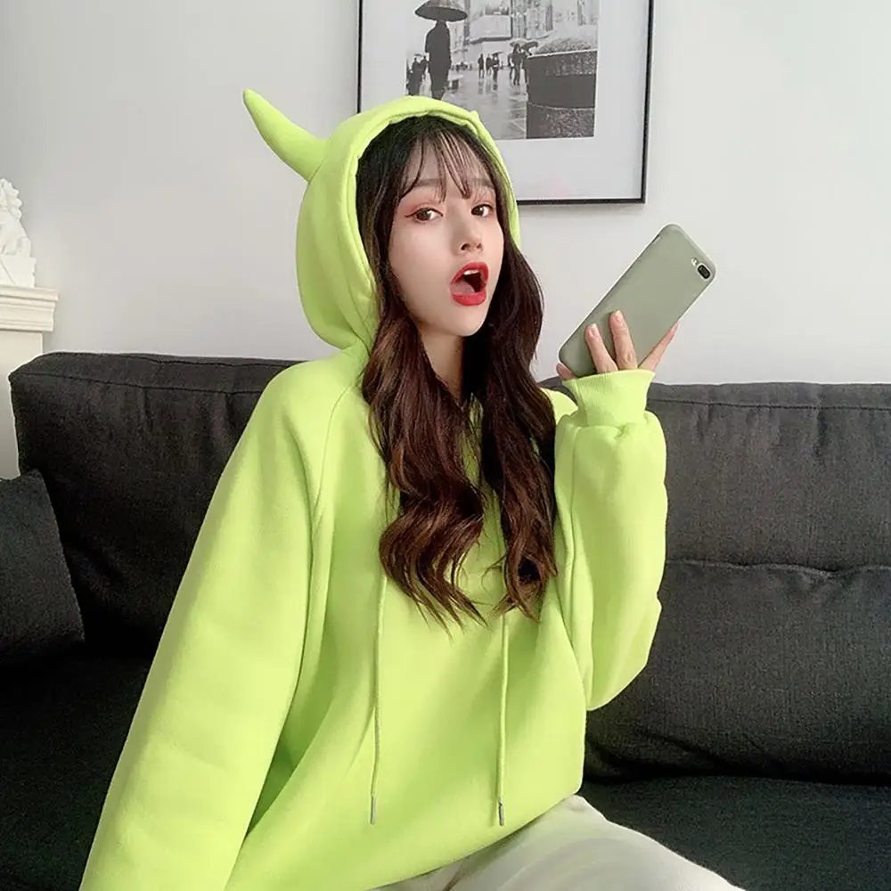 Women's autumn and winter cartoon long-sleeved hoodie cute horn hood oversized loose autumn and winter plush sweatshirt everyday