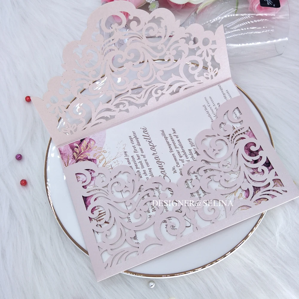 Blush Pink Laser Cut Wedding Invitation with Classic Sleeve and Glitter Belt Tag Invitations for Quinceanera Bridal Shower | Дом и сад