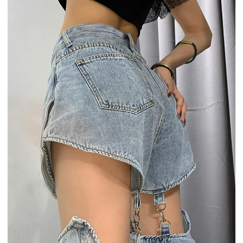

NEW High street Jeans Women Splice Wide Leg Trousers Hip-hop cotton Loose Retro Chain Removable Cool Girls Womens Denim pants NE