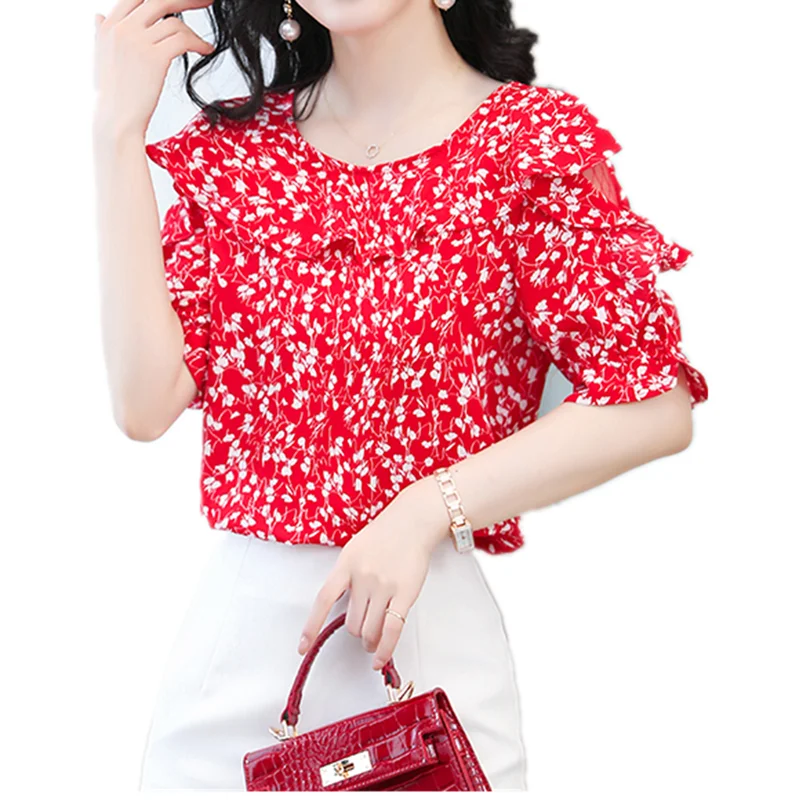 Женская шифоновая рубашка Корейская женская с коротким рукавом и цветочным