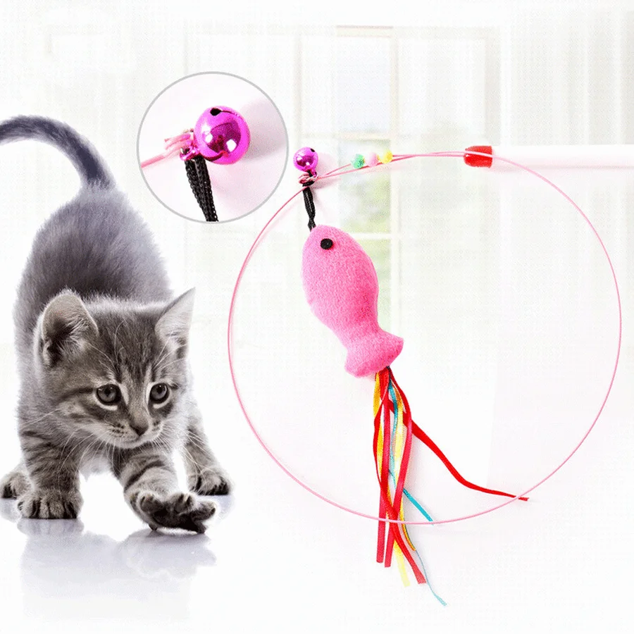

Interactive Cat Toys Funny Fish Shape Bell Play Feather Bell Wand Teaser Rod Pet Wand Toy Steel Wire Cat Feather Teaser Toy