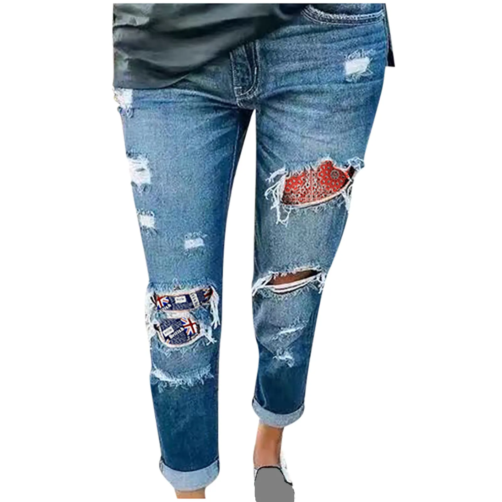 

Ladies high-waist solid color slim-fit lapel jeans Ladies ripped button zipper pocket jeans casual jeans wide-leg slim-fit pants