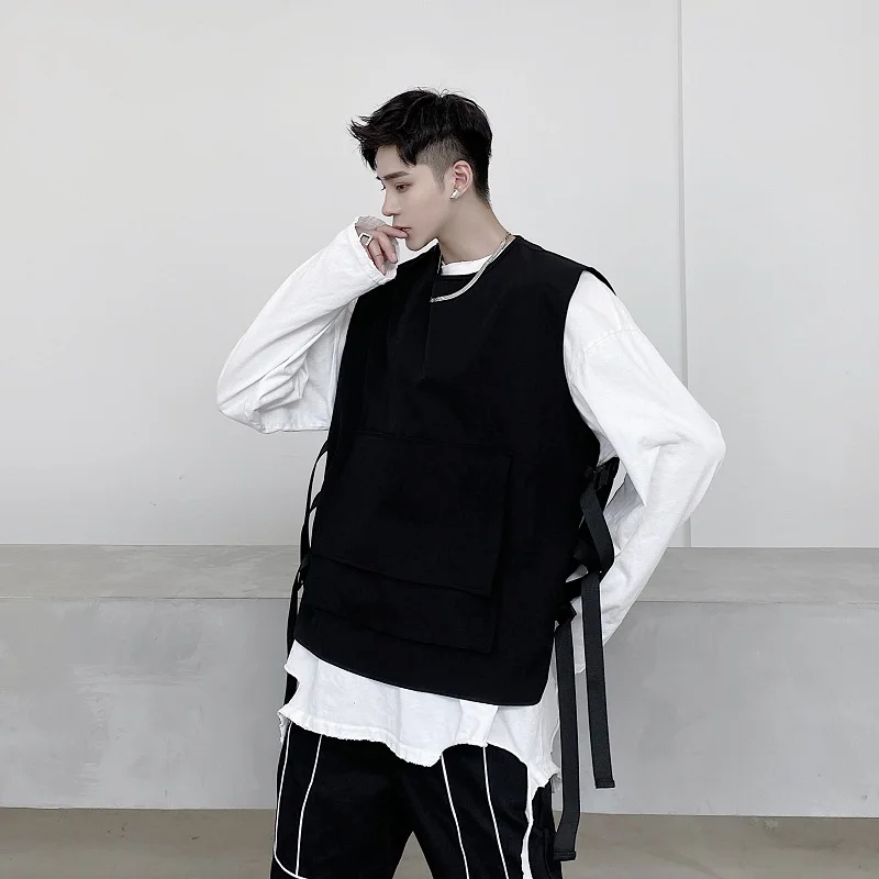 

Мужской черный винтажный уличный жилет в стиле хип-хоп, модный жилет без рукавов для пары, мужской повседневный жилет с тактическим кармано...