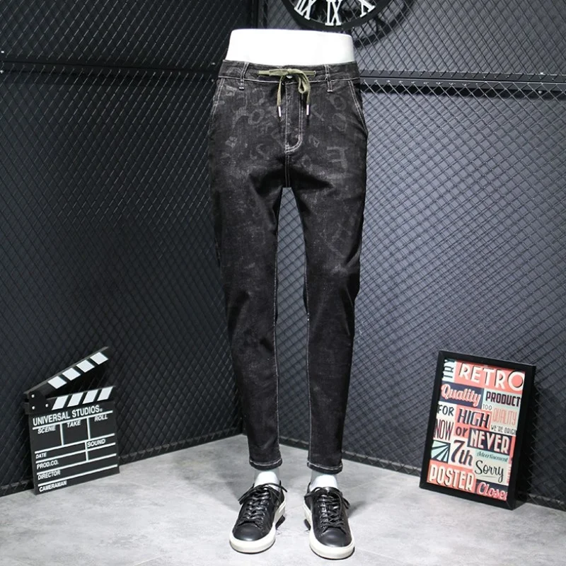 Slim Mens Fit Jeans Printed Lace Up Denim Pencil Pants Casual Pockets Korean Stretchy Long Pants Man Streetwear Cowboy Trousers