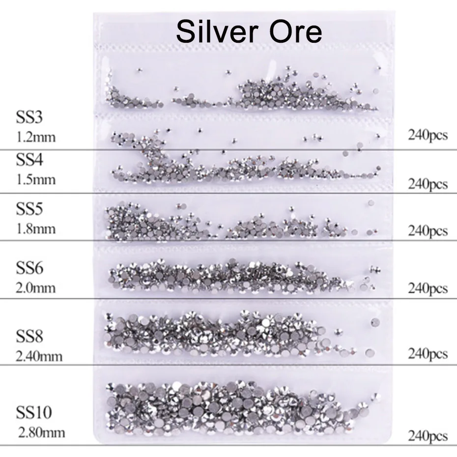 Silver Ore 1440 шт голографическое искусство ногтей Стразы SS3-SS10 смешанные размеры плоское с оборота стекло белое AB пламя Кристалл Камень Дизайн ногтей украшения JI880 - Цвет: Silver Ore