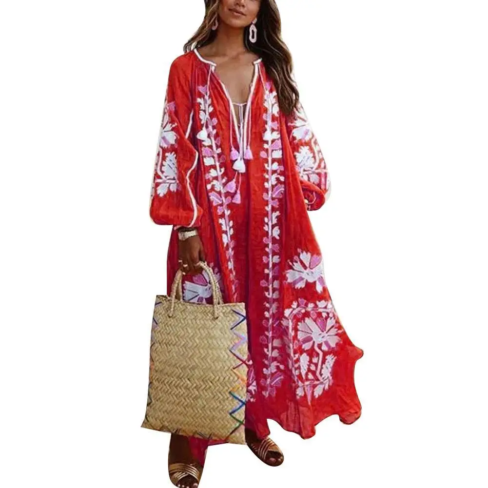 

Women Summer Dress Fashion Vintage Deep V Neck Lantern Sleeve Ethnic Floral Print Loose Long Dress платье 2021