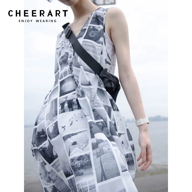 Женское винтажное платье на бретелях CHEERART черно-белое летнее свободное без