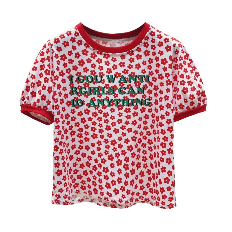 

Женская футболка с цветочным принтом, свободная футболка с круглым вырезом и коротким рукавом-фонариком, модель T2621 в Корейском стиле на лет...