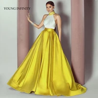 luxury high neck sleeveless two pieces prom dress 2022 white and yellow long elegant evening formal party gown custom made