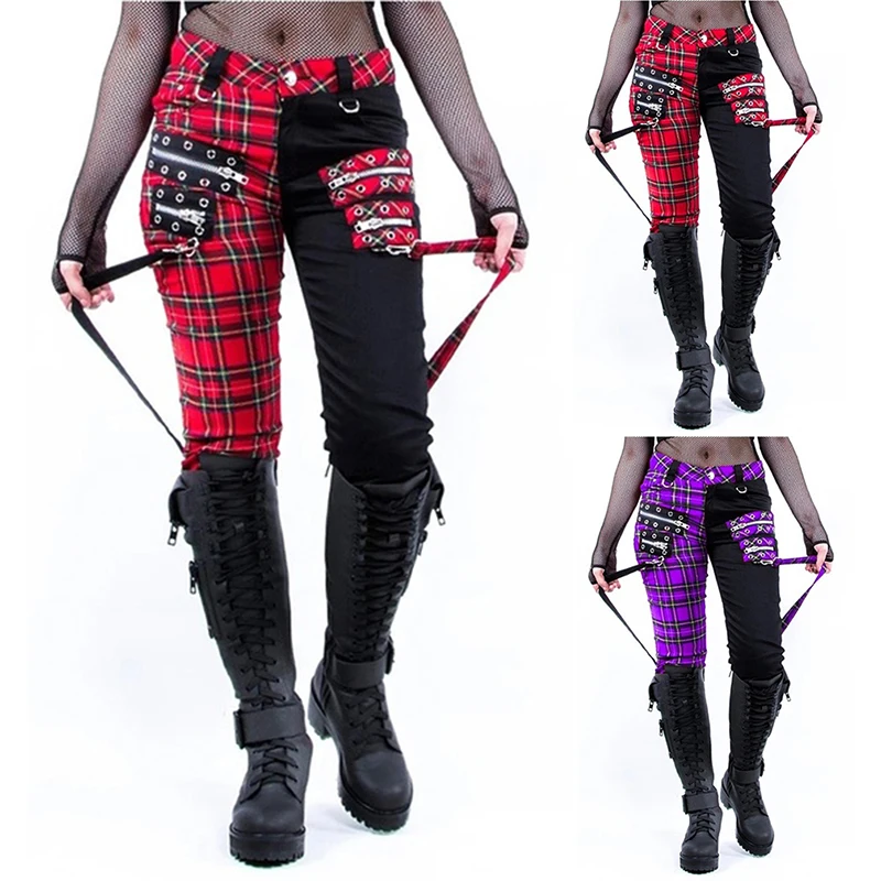 Модные женские готические брюки в стиле панк с низкой талией шотландскую клетку