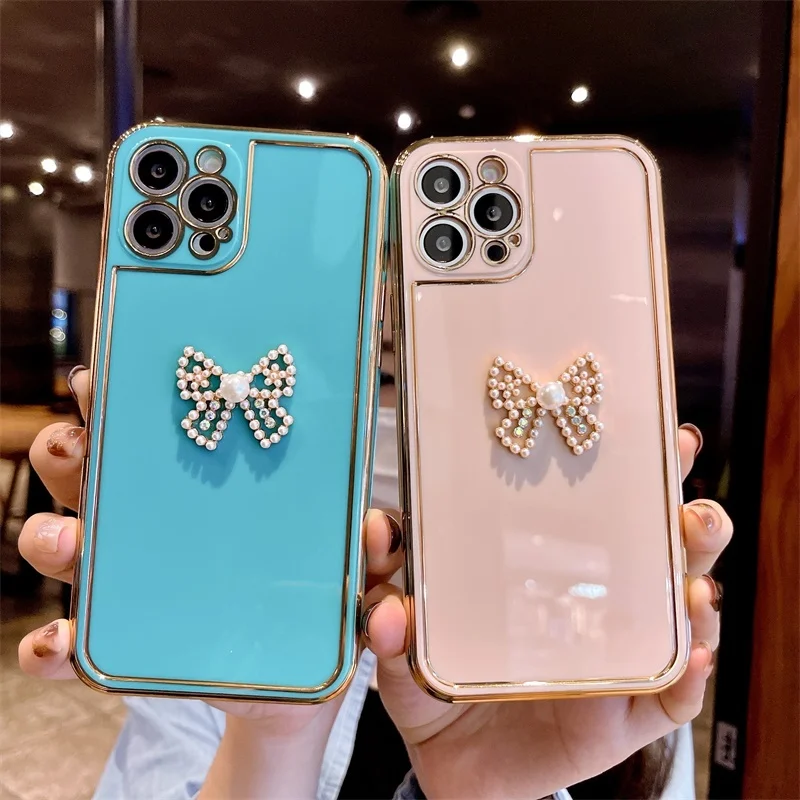 

Luxury Plating Shiny Diamond Butterfly Phone Case For iPhone 11 12 Pro 7 8 Plus XR XS Max Fashion Gold Plated Silicone TPU Cover
