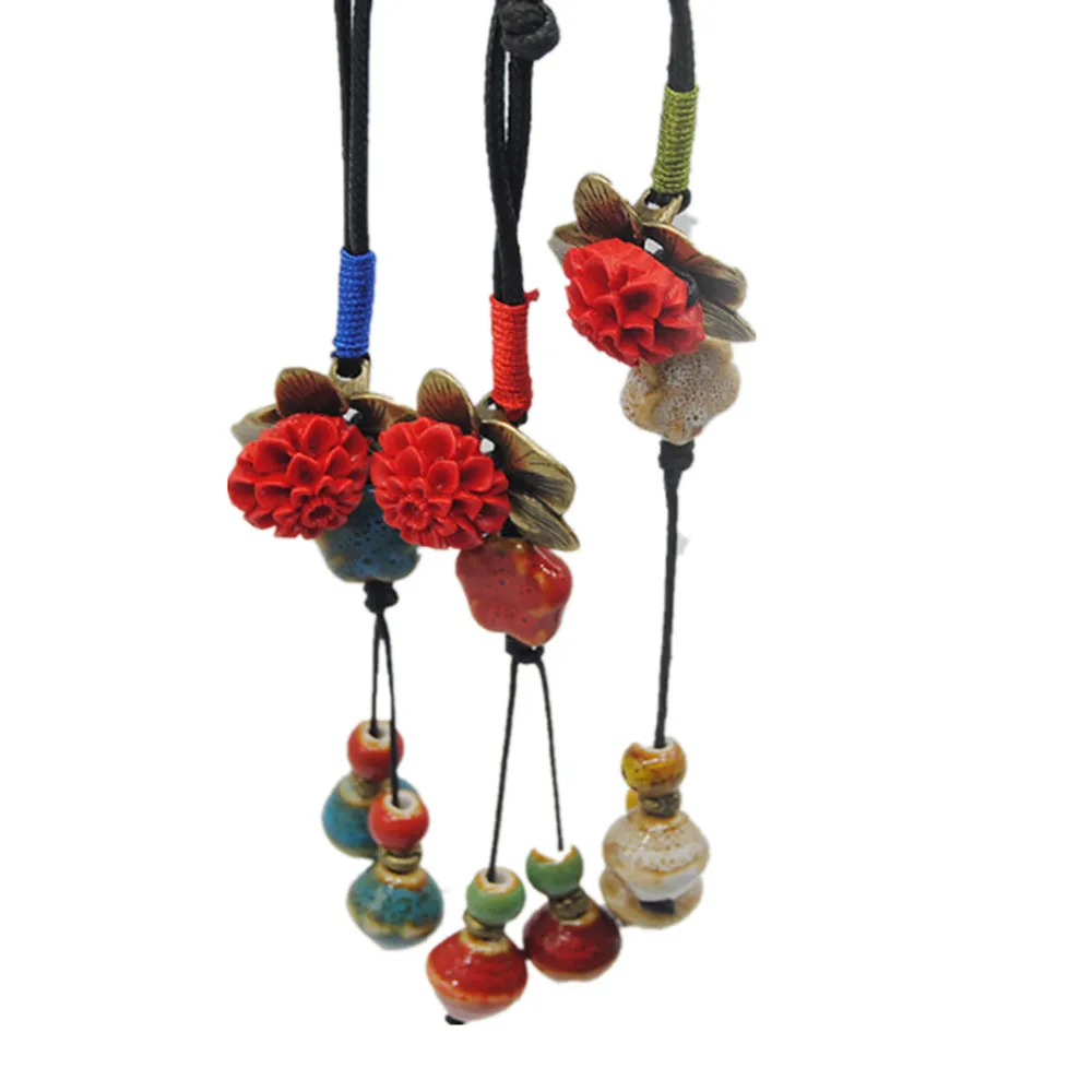 Ретро этнический стиль ручной работы Керамические цветы кулон свитер цепь