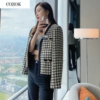 vintage houndstooth plaid womens jackets 2021 autumn ol chic v neck covered buttons tweed jacket office lady casual outwear