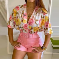 two piece set women high waist shorts sets loose plus size sets v neck short sleeve shirts two piece set summer printing clothes