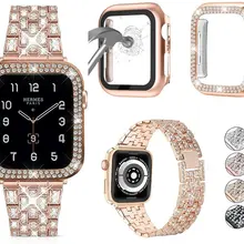 Compatible With Apple Watch Band  Women Jewelry Bling Diamond Metal Strap with Diamond Case and Glass Screen Protector Case