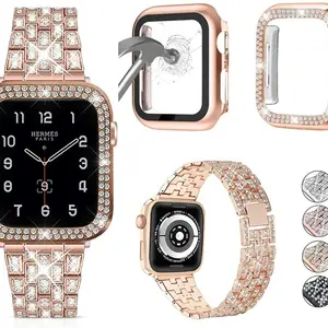 compatible with apple watch band women jewelry bling diamond metal strap with diamond case and glass screen protector case free global shipping