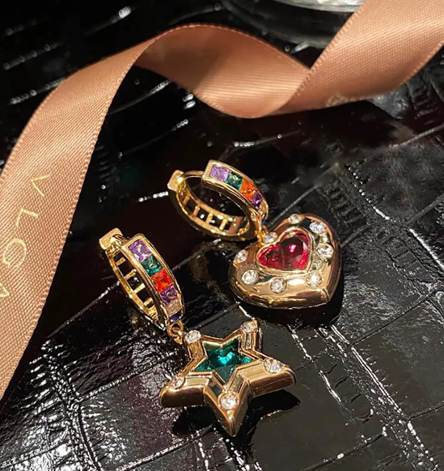 

Romantic stylish retro asymmetric love five-pointed star earrings Europe colorful rhinestone fashion girl charm ear dangle