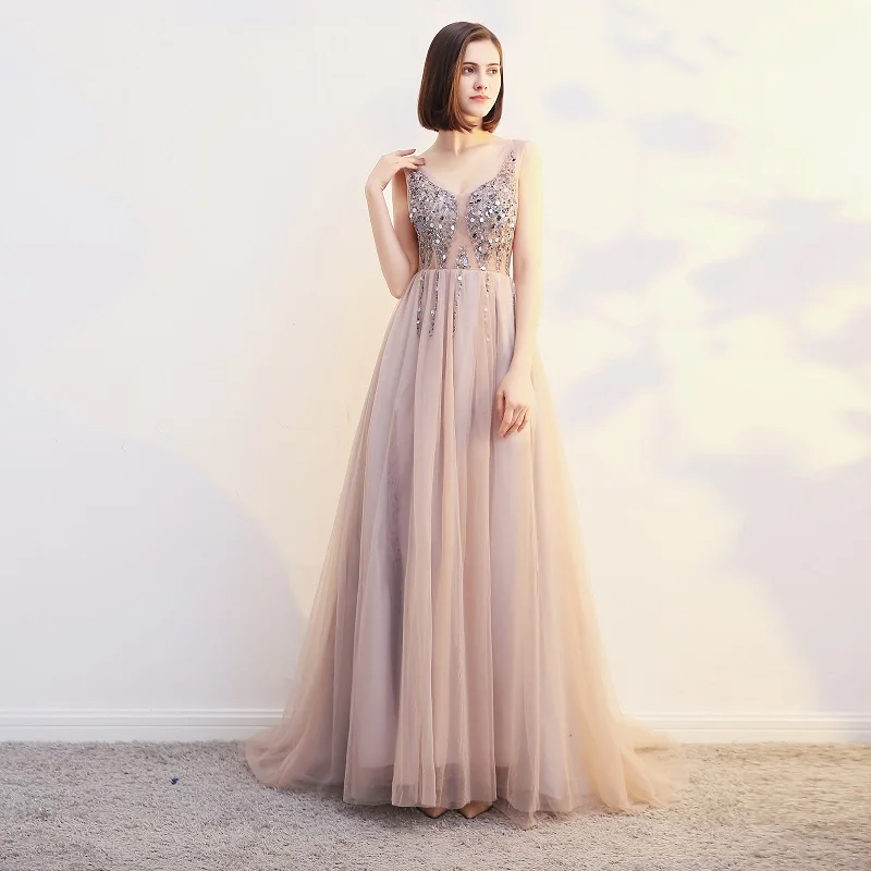 

Sexy backless Wedding party dress plus size hand beading long formal evening dresses V neck sleeveless cocktail evening gown