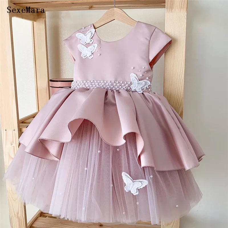 Pink Baby Girl Dress Pearls Waisted 3D Butterfly Infant Birthday Dress Lovely Princess Party Dress Kid Size 1-14Y