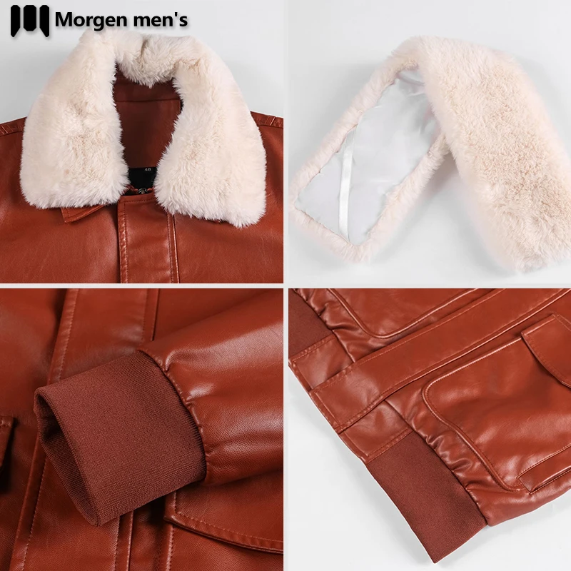 

Men's Short Lapels Jacket With Detachable Fur Collar Handsome Leather Jacket Solid Color Jacket Winter Warm Jacket Men